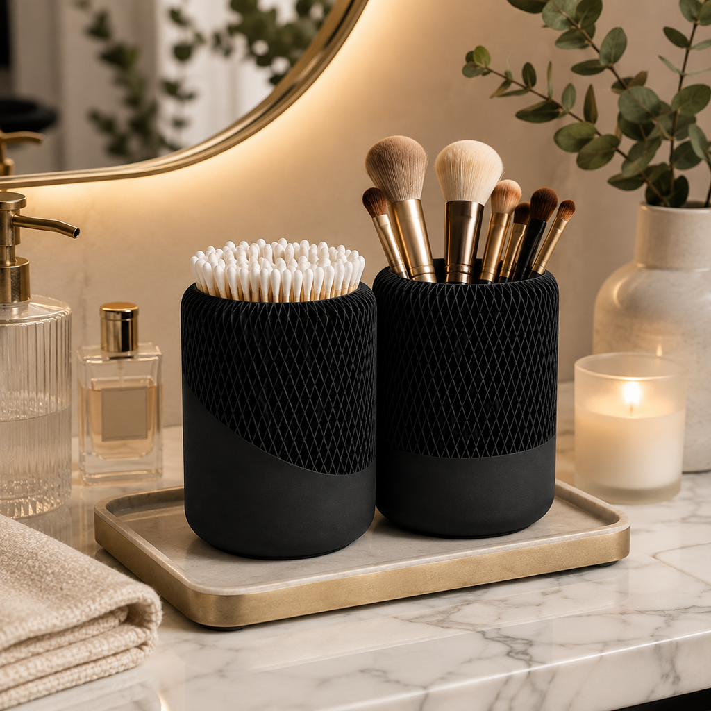 Modern Decorative Organizer Set of 2, Ribbed Vanity & Desktop Storage Cups