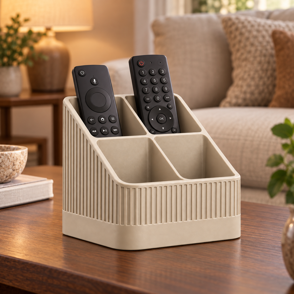 Modern Ribbed Remote Control Holder, 4-Compartment Desk Organizer