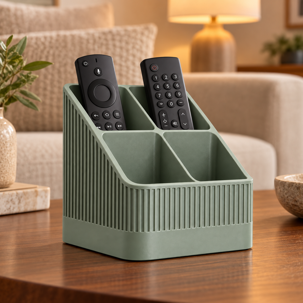 Modern Ribbed Remote Control Holder, 4-Compartment Desk Organizer