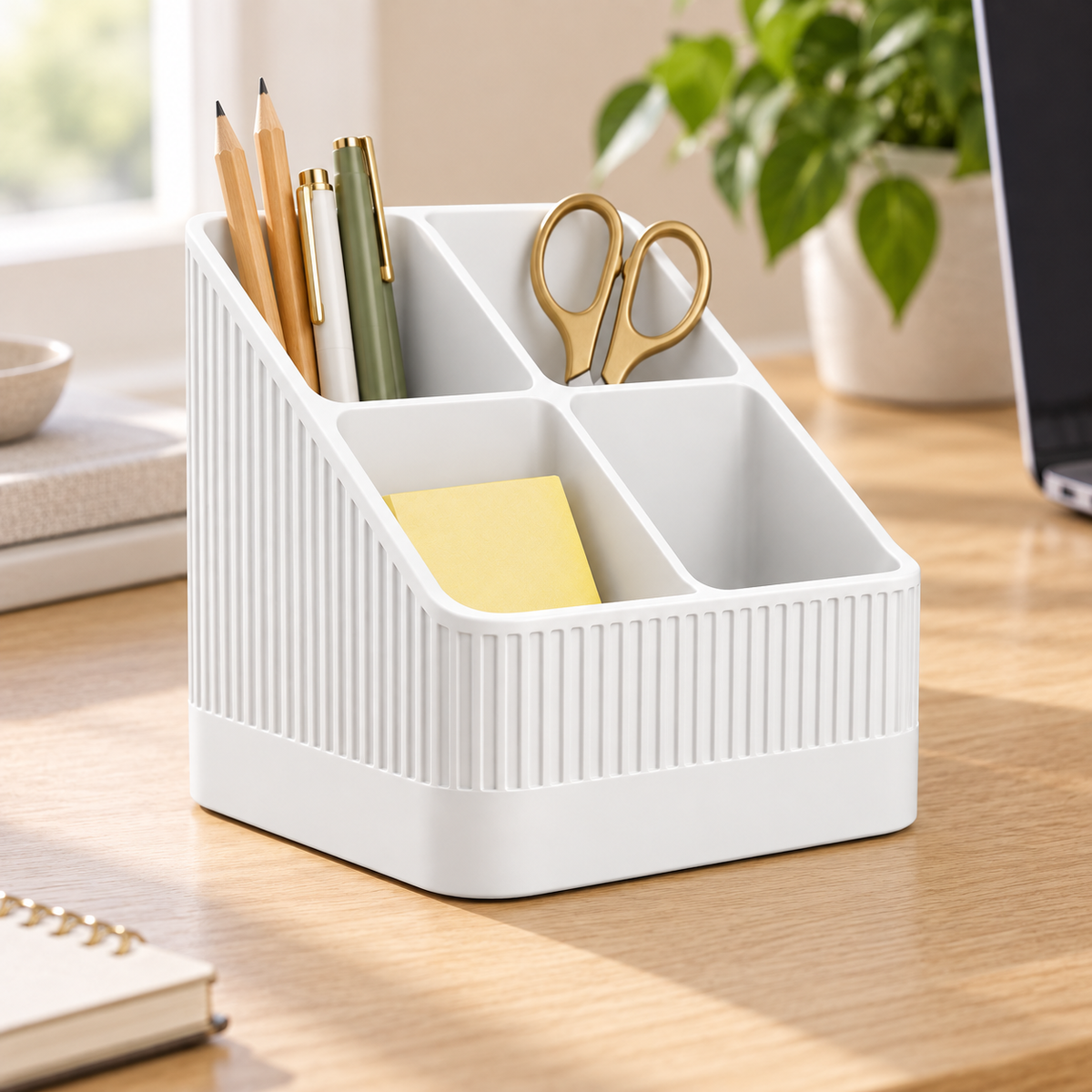 Modern Ribbed Remote Control Holder, 4-Compartment Desk Organizer
