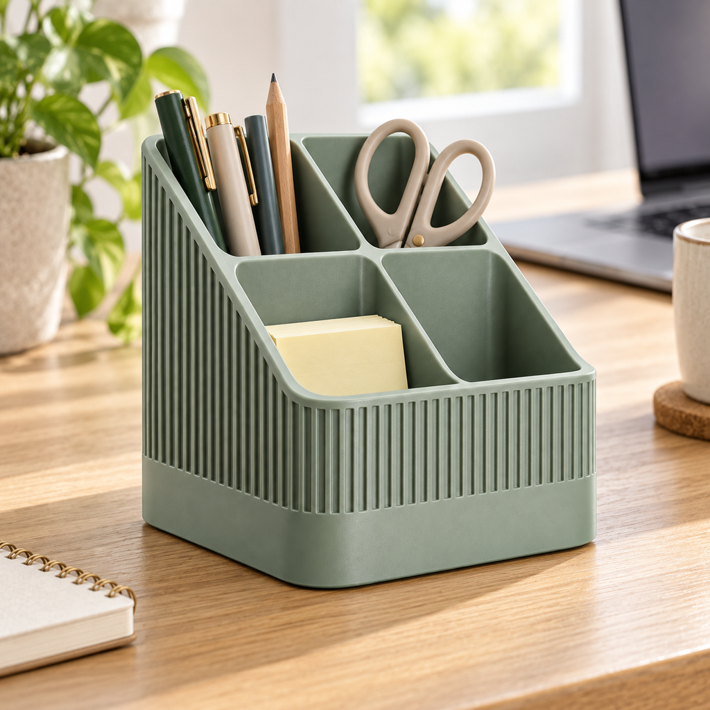 Modern Ribbed Remote Control Holder, 4-Compartment Desk Organizer