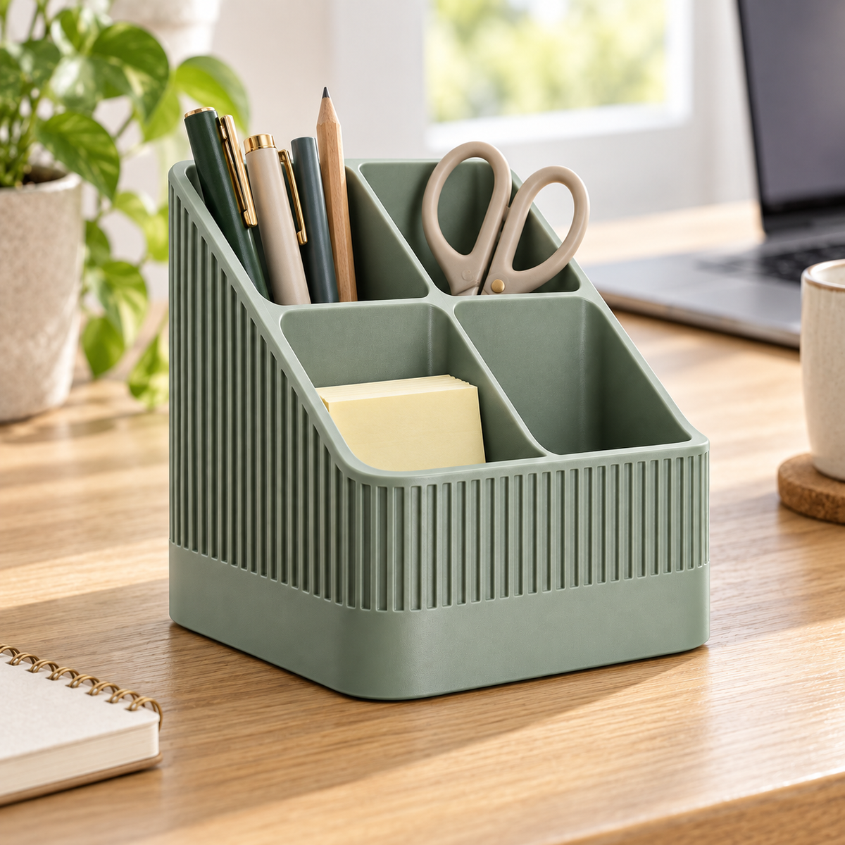 Modern Ribbed Remote Control Holder, 4-Compartment Desk Organizer