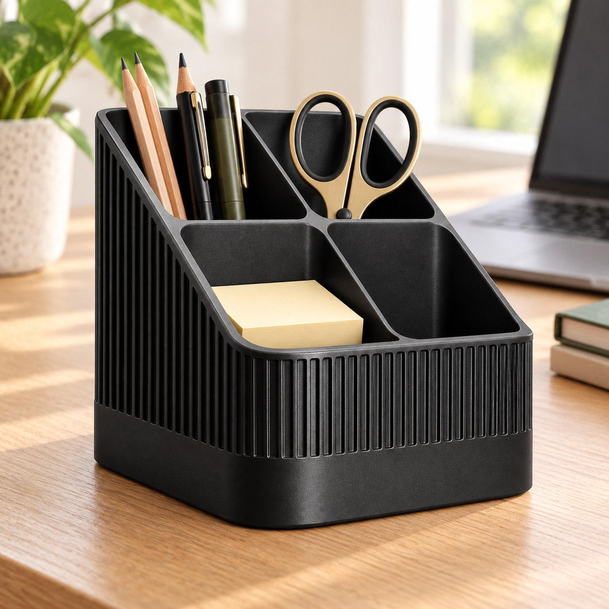 Modern Ribbed Remote Control Holder, 4-Compartment Desk Organizer