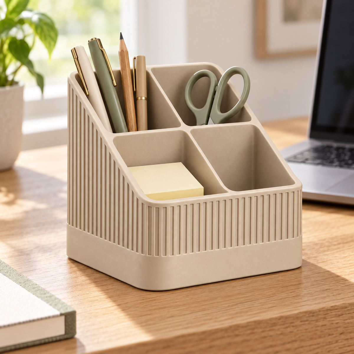 Modern Ribbed Remote Control Holder, 4-Compartment Desk Organizer