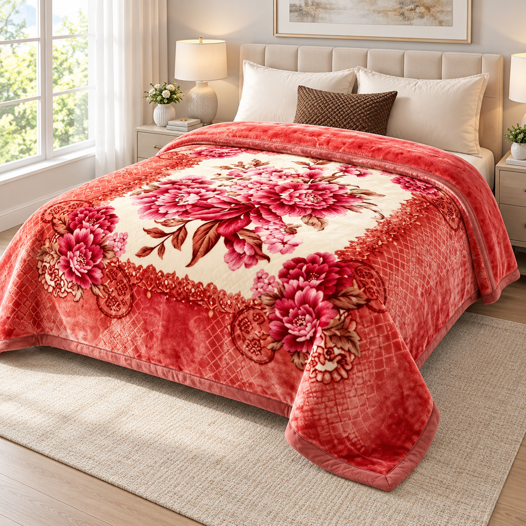 Queen Size Reversible Plush Blanket, 1 Ply Korean Mink Raschel Blanket