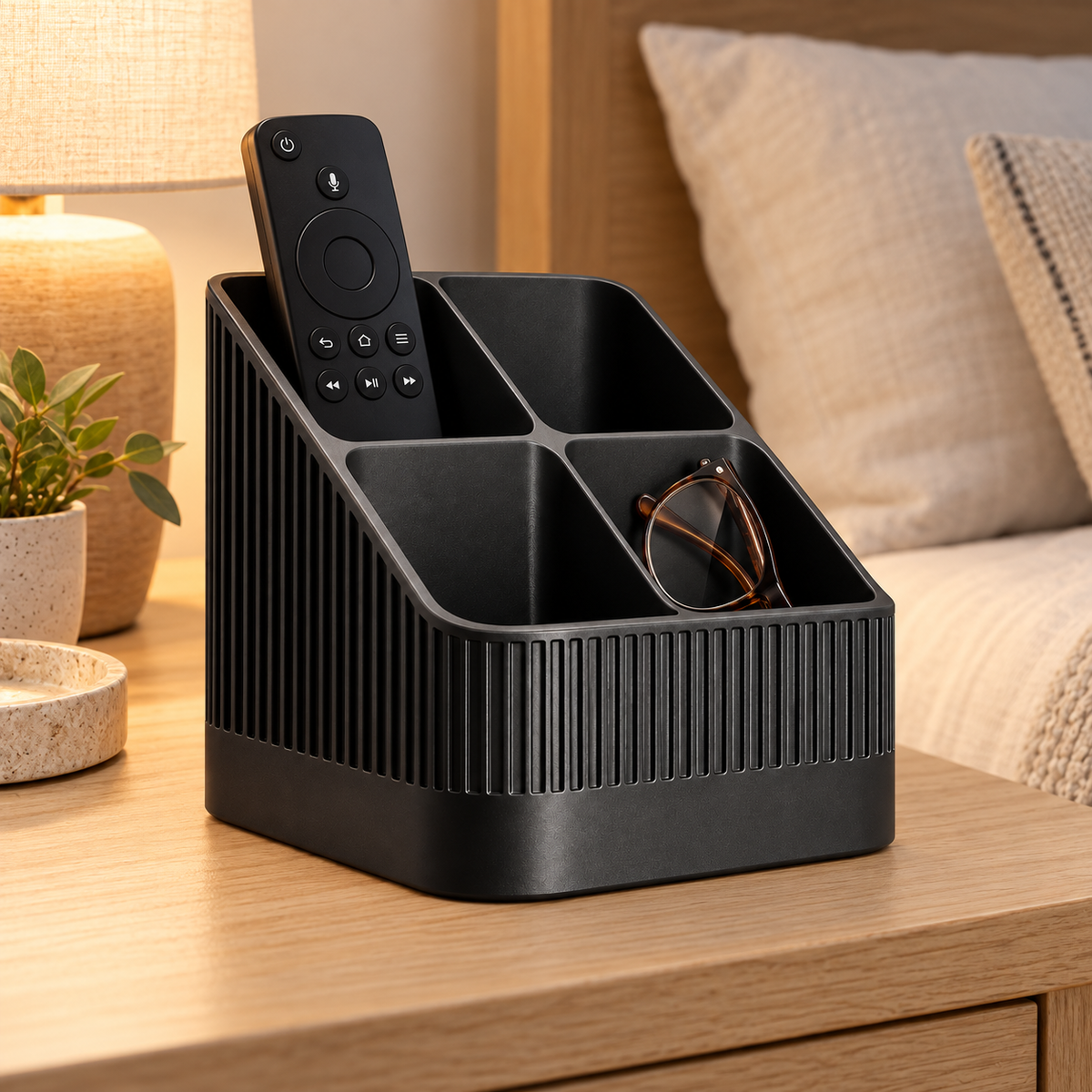 Modern Ribbed Remote Control Holder, 4-Compartment Desk Organizer