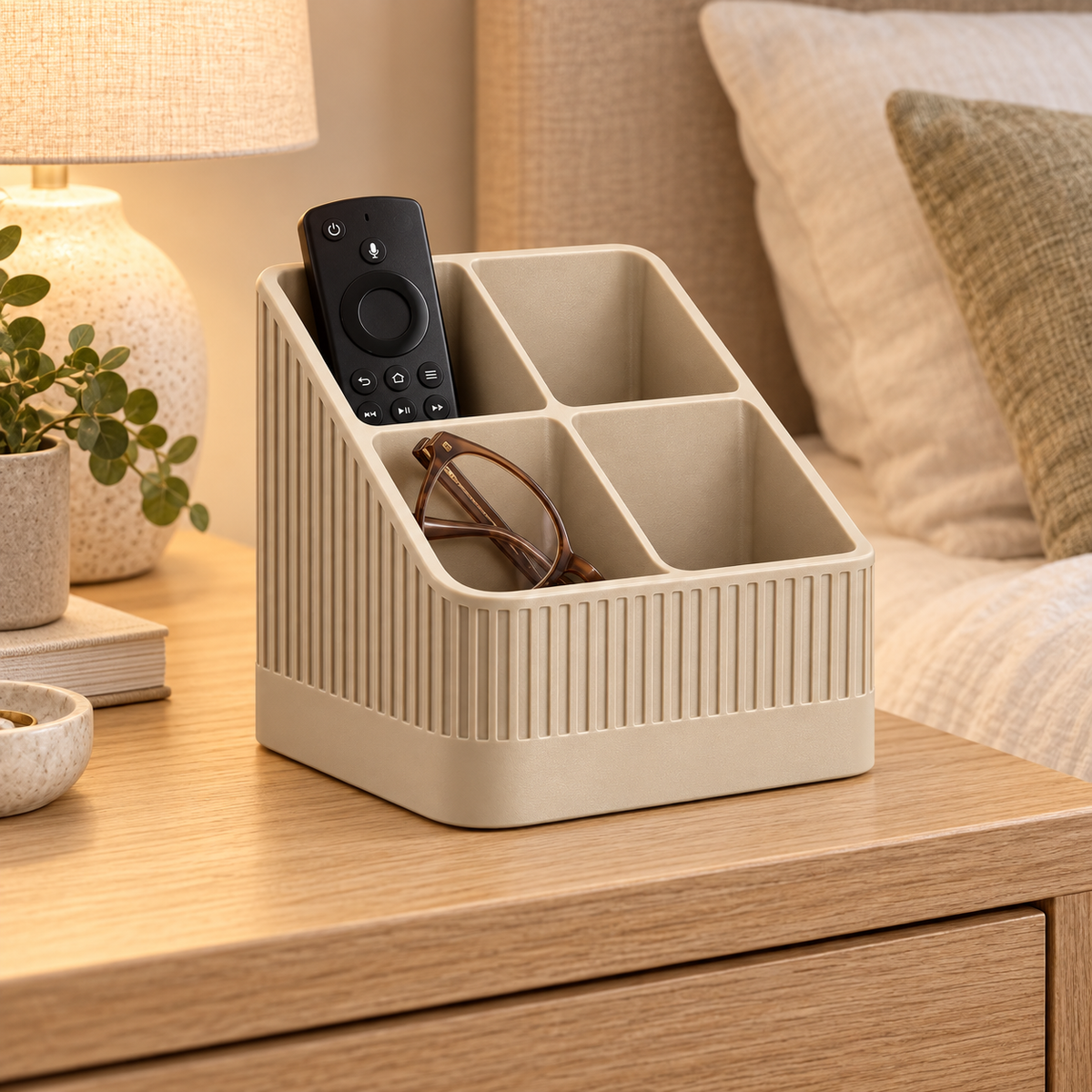 Modern Ribbed Remote Control Holder, 4-Compartment Desk Organizer