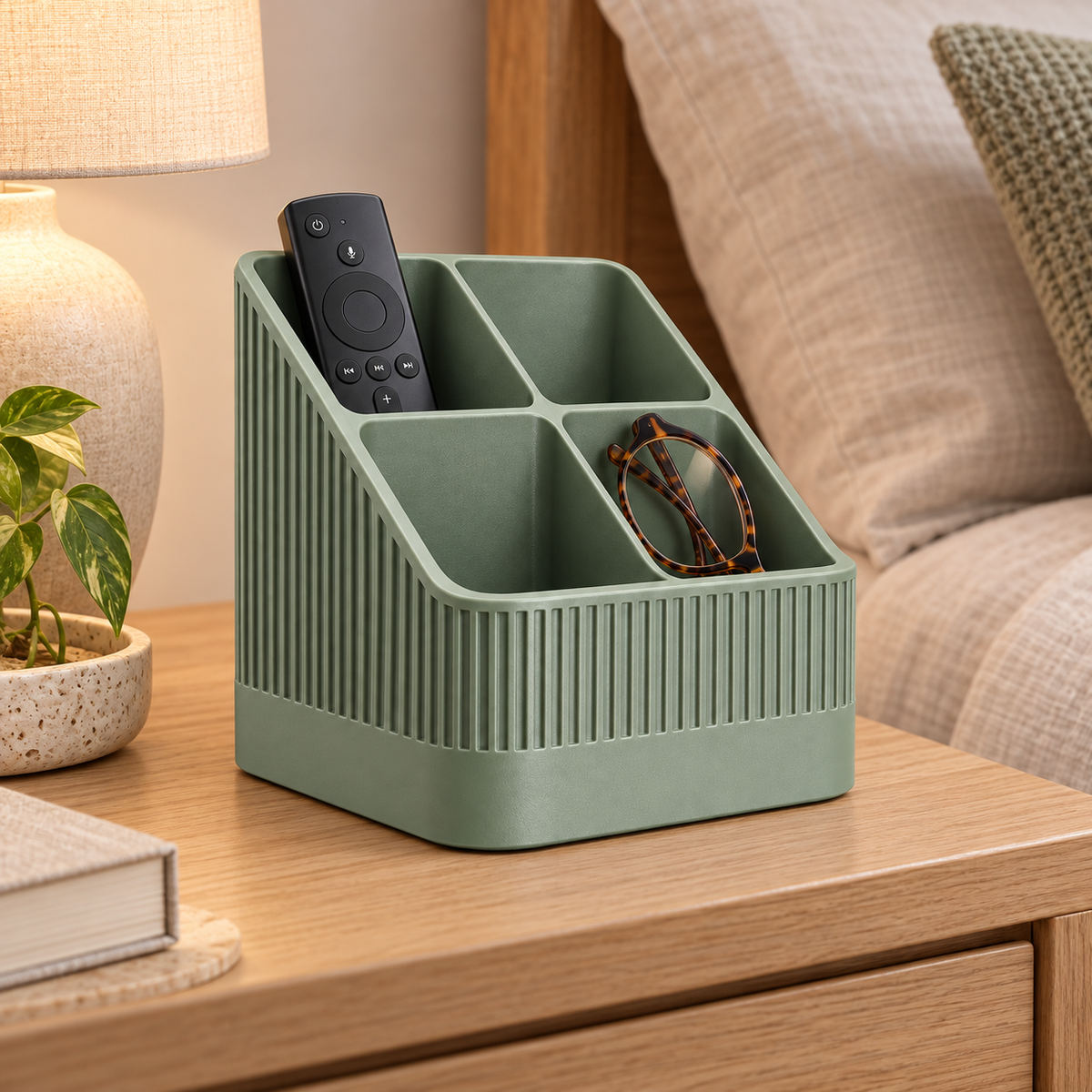 Modern Ribbed Remote Control Holder, 4-Compartment Desk Organizer