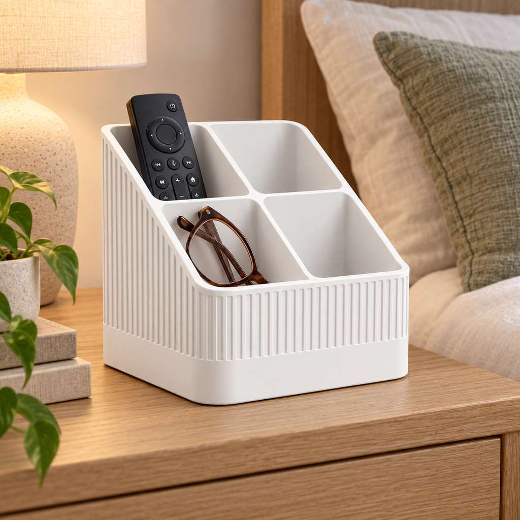 Modern Ribbed Remote Control Holder, 4-Compartment Desk Organizer