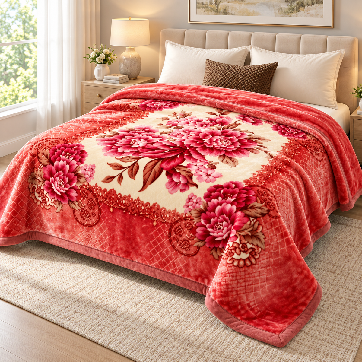 Queen Size Reversible Plush Blanket, 1 Ply Korean Mink Raschel Blanket