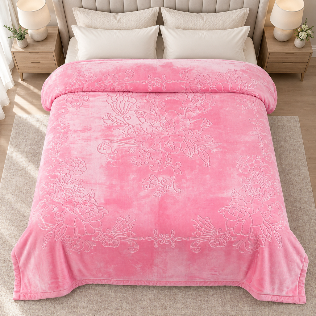 Pink King Size Plush Blanket, Super Soft 10 lb Embossed Floral Blanket