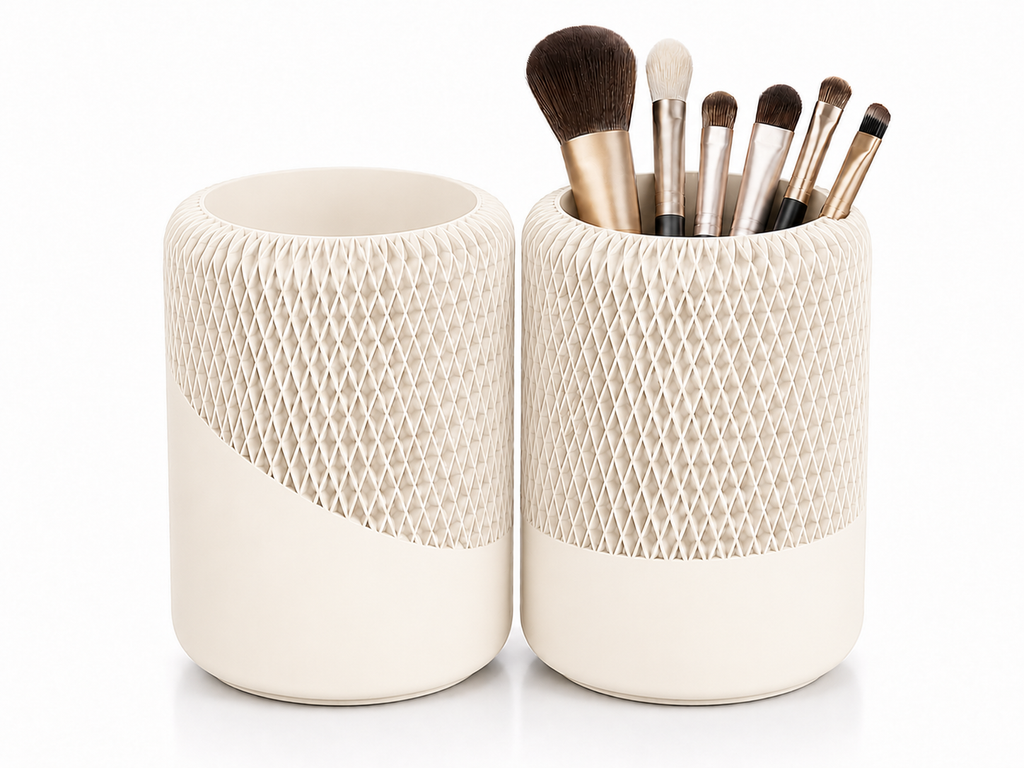 Modern Decorative Organizer Set of 2, Ribbed Vanity & Desktop Storage Cups
