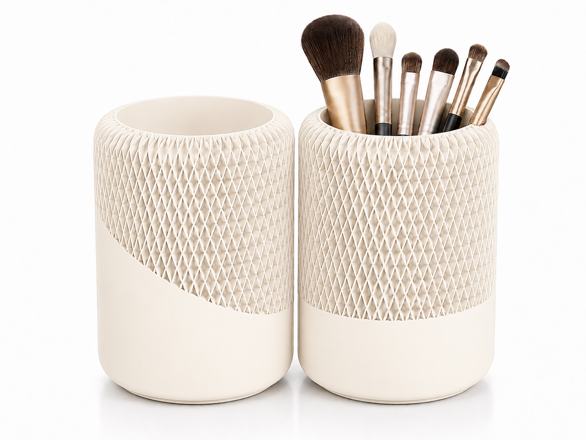 Modern Decorative Organizer Set of 2, Ribbed Vanity & Desktop Storage Cups