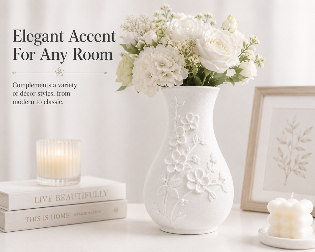White Embossed Floral Vase, Decorative Flower Vase for Living Room and Tabletop Decor
