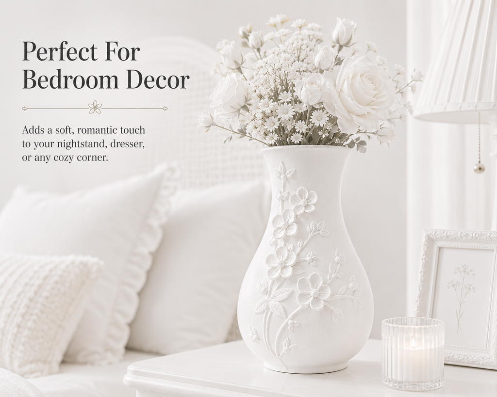 White Embossed Floral Vase, Decorative Flower Vase for Living Room and Tabletop Decor