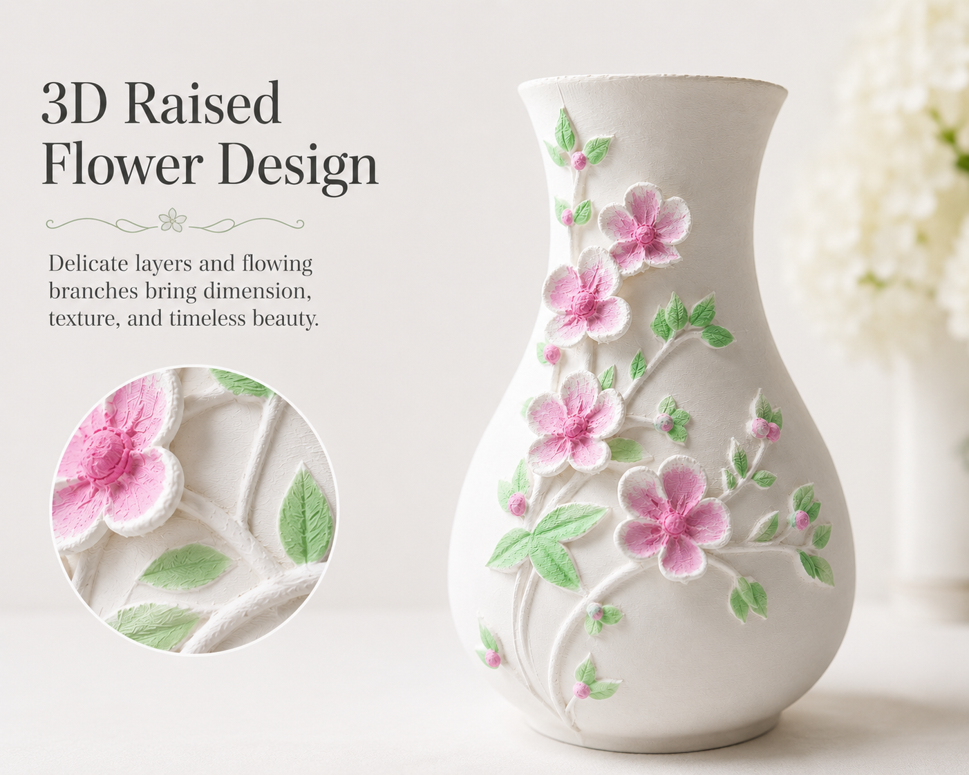White Embossed Floral Vase, Decorative Flower Vase for Living Room and Tabletop Decor