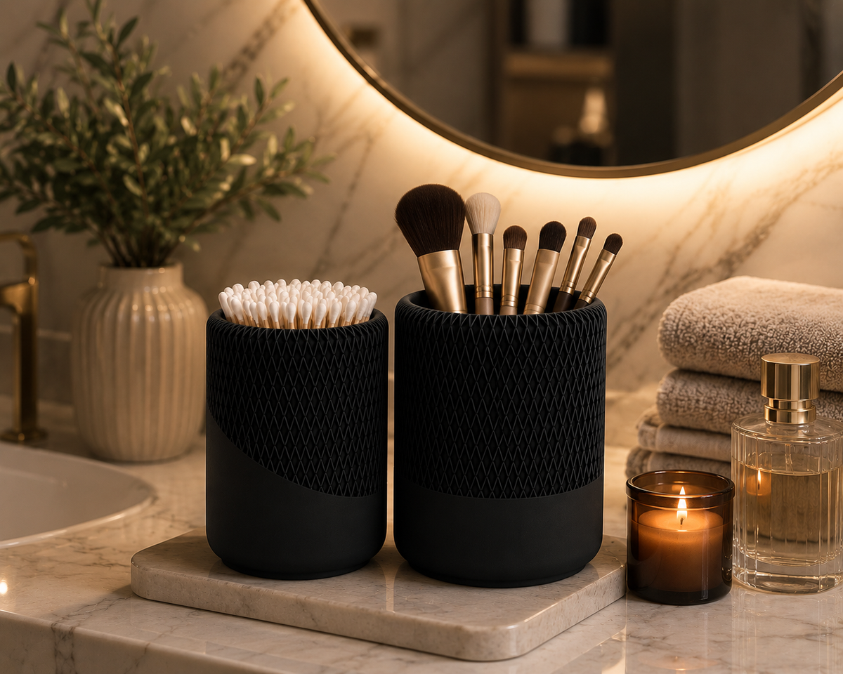Modern Decorative Organizer Set of 2, Ribbed Vanity & Desktop Storage Cups