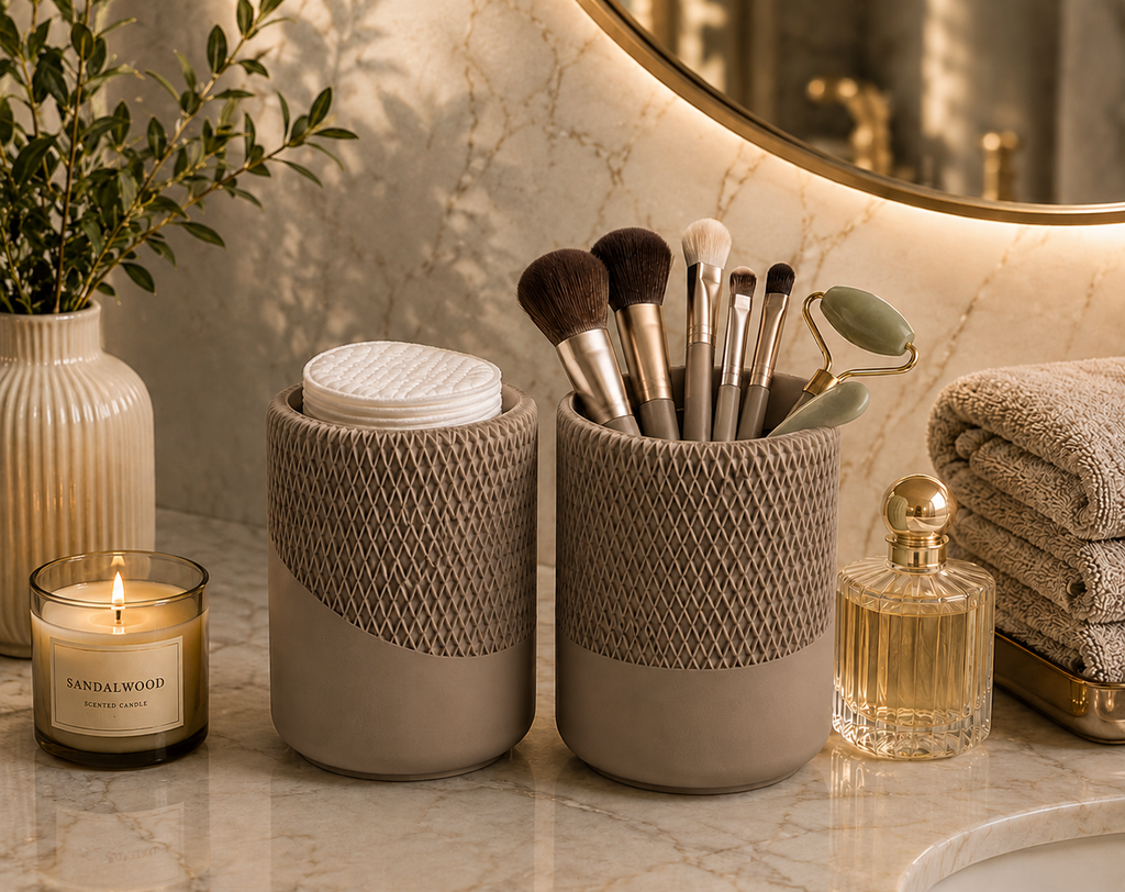 Modern Decorative Organizer Set of 2, Ribbed Vanity & Desktop Storage Cups