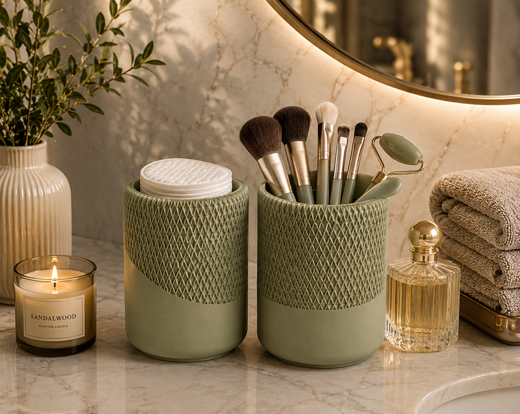 Modern Decorative Organizer Set of 2, Ribbed Vanity & Desktop Storage Cups