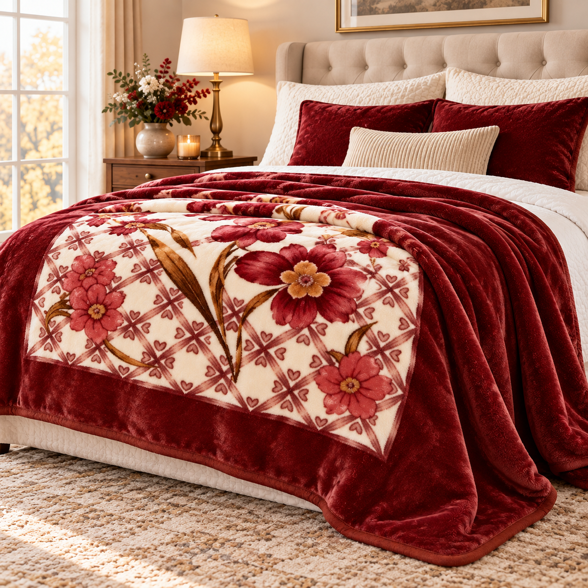 Queen Size Reversible Plush Blanket, 1 Ply Red Floral Korean Mink Raschel