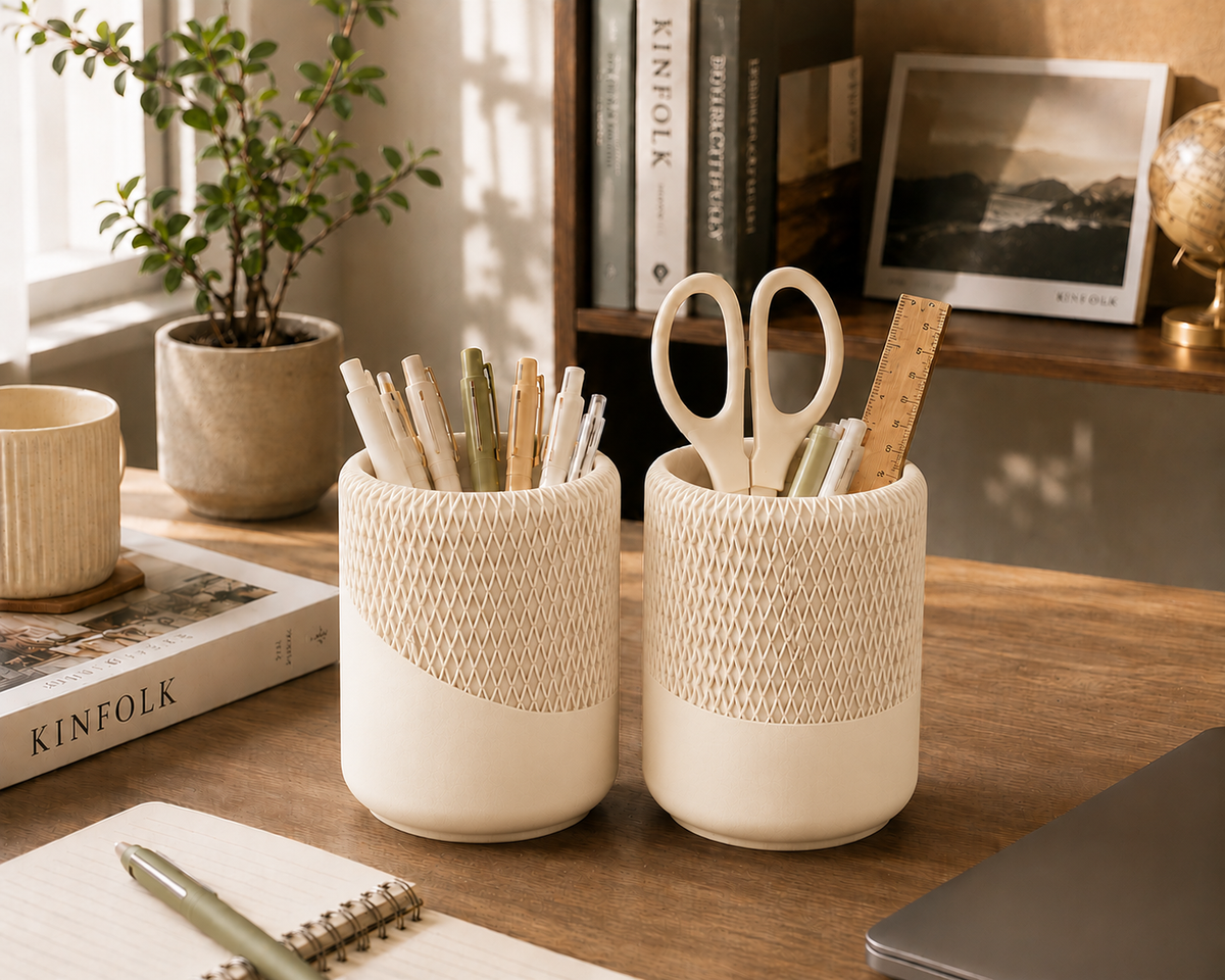 Modern Decorative Organizer Set of 2, Ribbed Vanity & Desktop Storage Cups