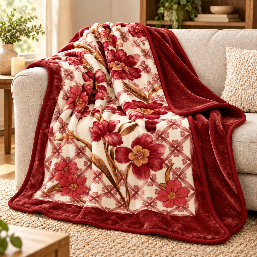 Queen Size Reversible Plush Blanket, 1 Ply Red Floral Korean Mink Raschel