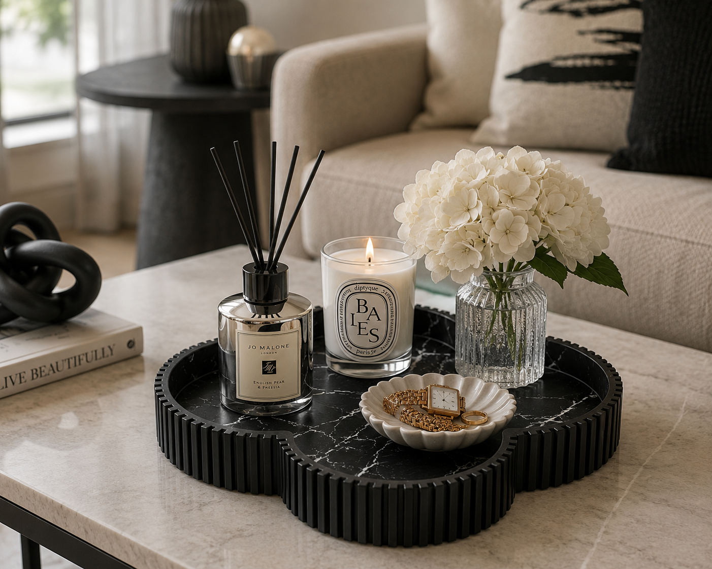 Marble White Decorative Tray, Clover Vanity Tray with Fluted Edge, Bathroom Counter Organizer for Perfume, Candles, Jewelry & Home Decor