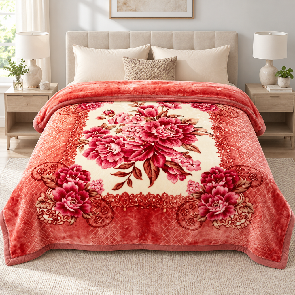 Queen Size Reversible Plush Blanket, 1 Ply Korean Mink Raschel Blanket