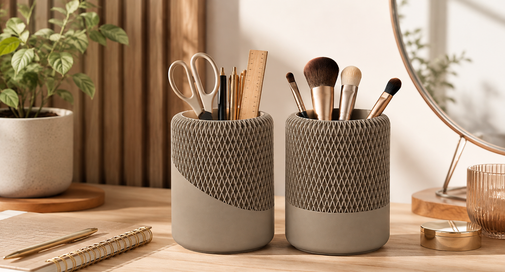 Modern Decorative Organizer Set of 2, Ribbed Vanity & Desktop Storage Cups
