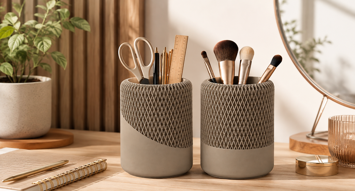 Modern Decorative Organizer Set of 2, Ribbed Vanity & Desktop Storage Cups