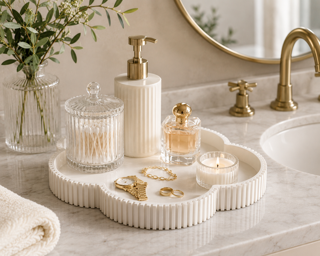 Decorative Clover Tray, Fluted Vanity Tray for Bathroom Counter, Perfume Organizer, Jewelry Holder and Home Decor Accent
