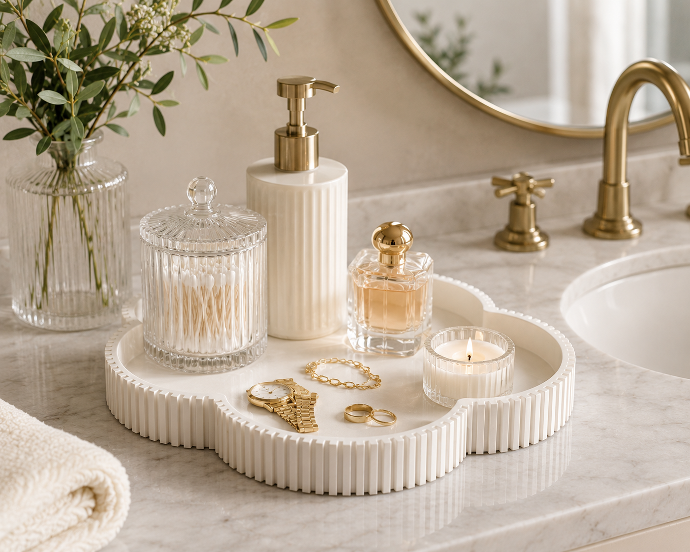 Decorative Clover Tray, Fluted Vanity Tray for Bathroom Counter, Perfume Organizer, Jewelry Holder and Home Decor Accent
