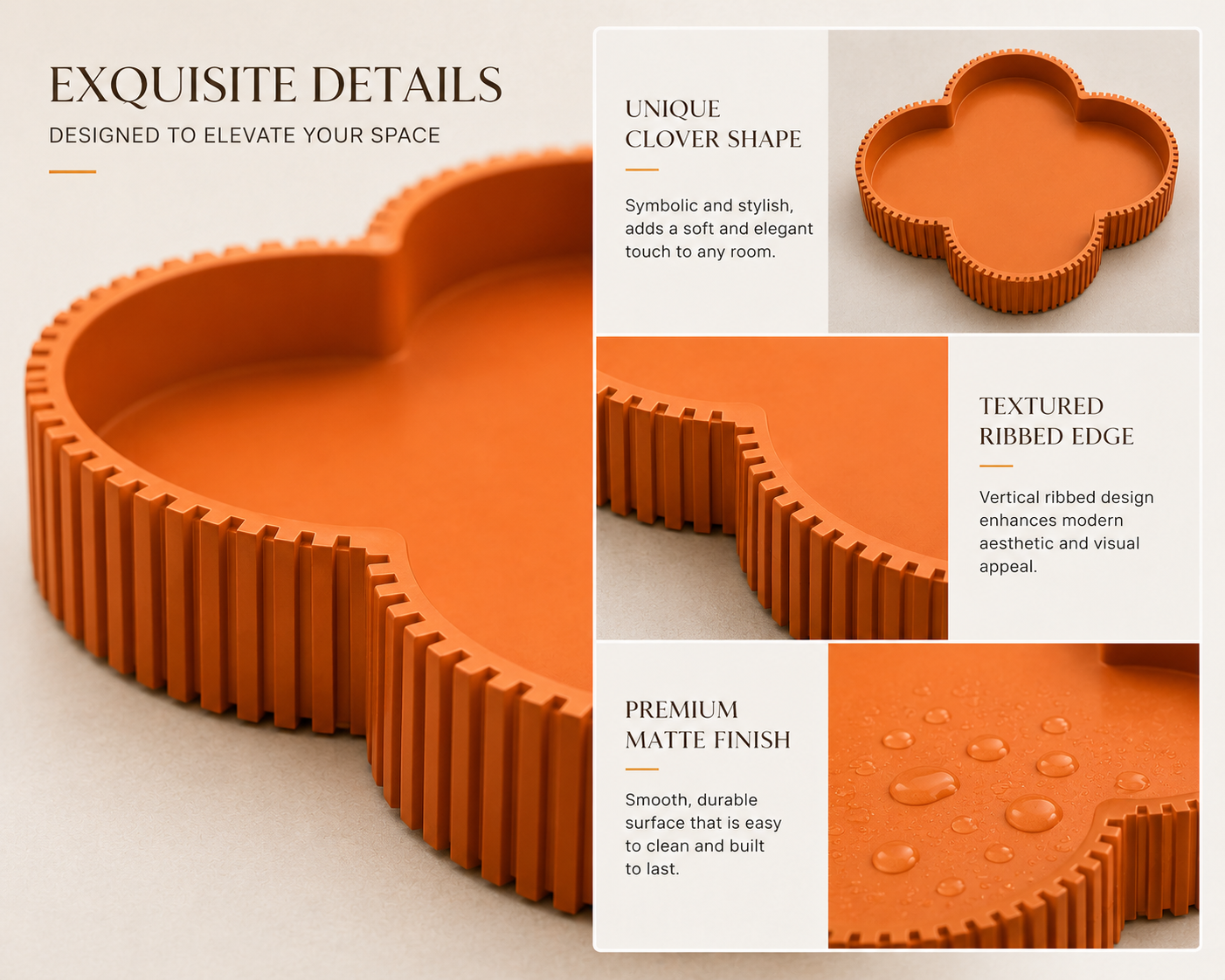 Decorative Clover Tray, Fluted Vanity Tray for Bathroom Counter, Perfume Organizer, Jewelry Holder and Home Decor Accent