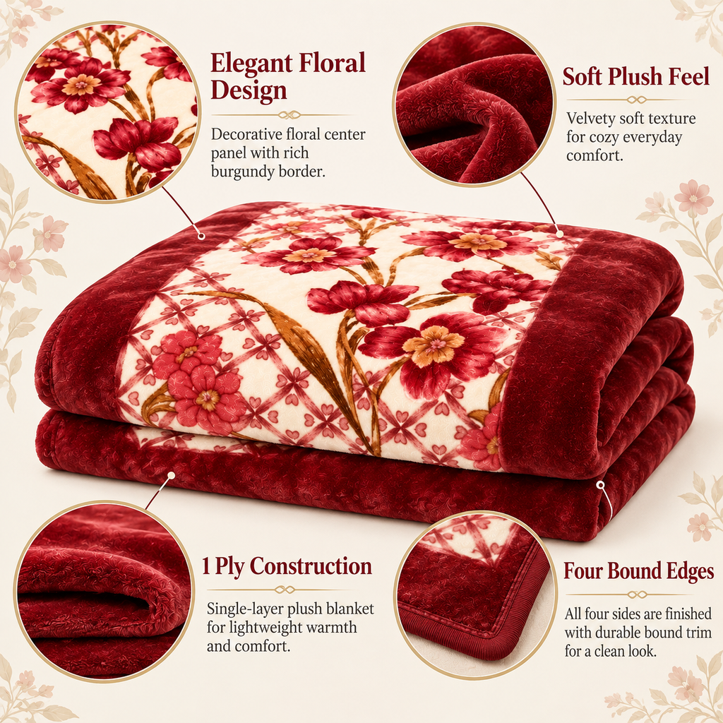 Queen Size Reversible Plush Blanket, 1 Ply Red Floral Korean Mink Raschel