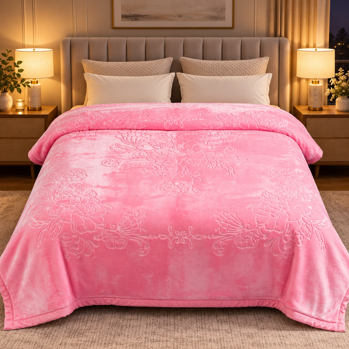 Pink King Size Plush Blanket, Super Soft 10 lb Embossed Floral Blanket