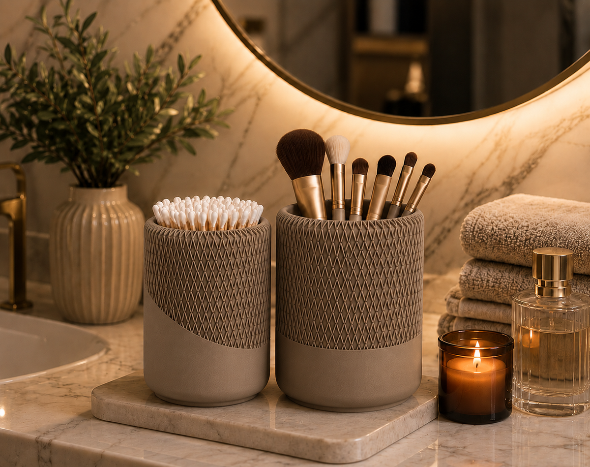 Modern Decorative Organizer Set of 2, Ribbed Vanity & Desktop Storage Cups
