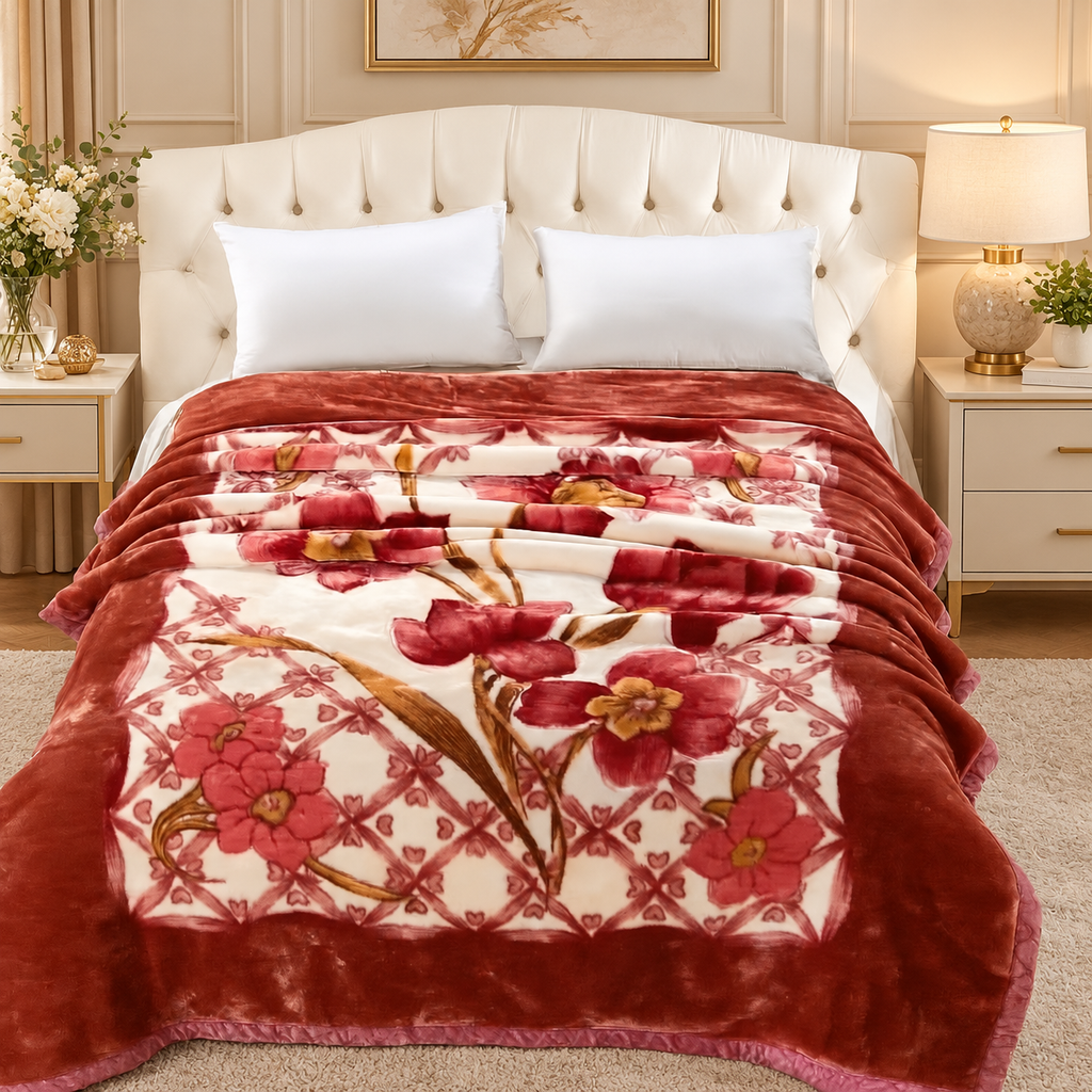 Queen Size Reversible Plush Blanket, 1 Ply Red Floral Korean Mink Raschel