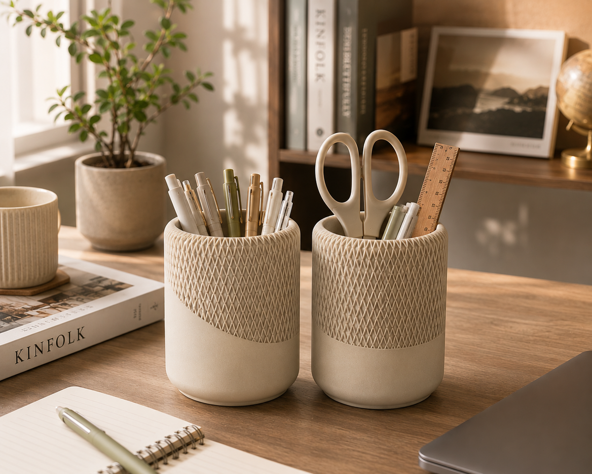 Modern Decorative Organizer Set of 2, Ribbed Vanity & Desktop Storage Cups