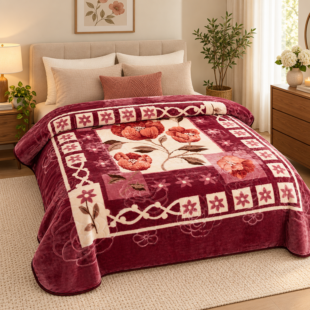 Queen Size Reversible Plush Blanket, 1 Ply Burgundy Floral Korean Mink Raschel