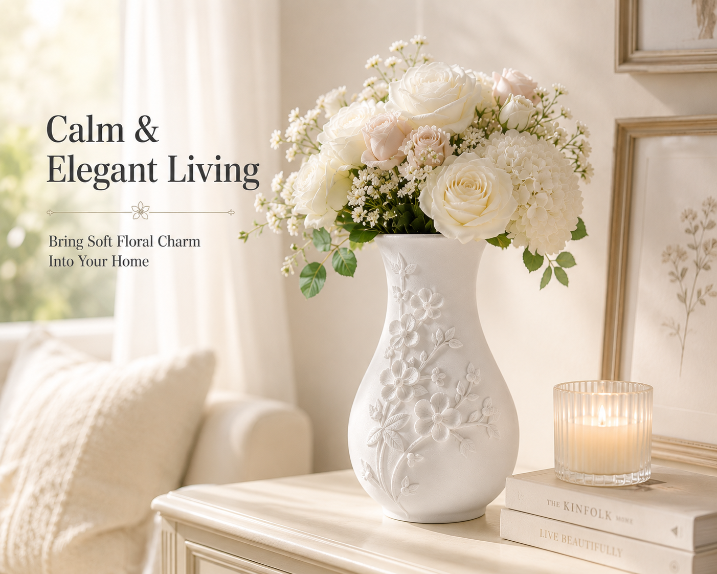 White Embossed Floral Vase, Decorative Flower Vase for Living Room and Tabletop Decor