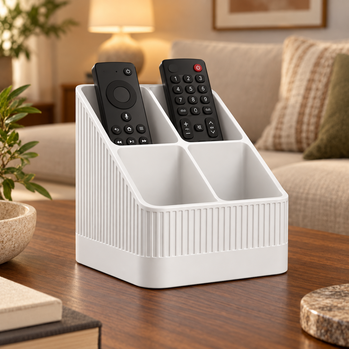 Modern Ribbed Remote Control Holder, 4-Compartment Desk Organizer
