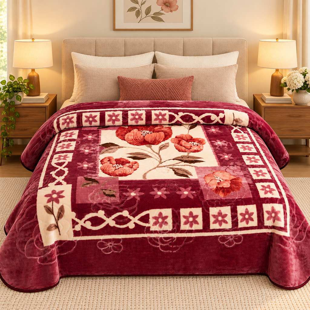 Queen Size Reversible Plush Blanket, 1 Ply Burgundy Floral Korean Mink Raschel