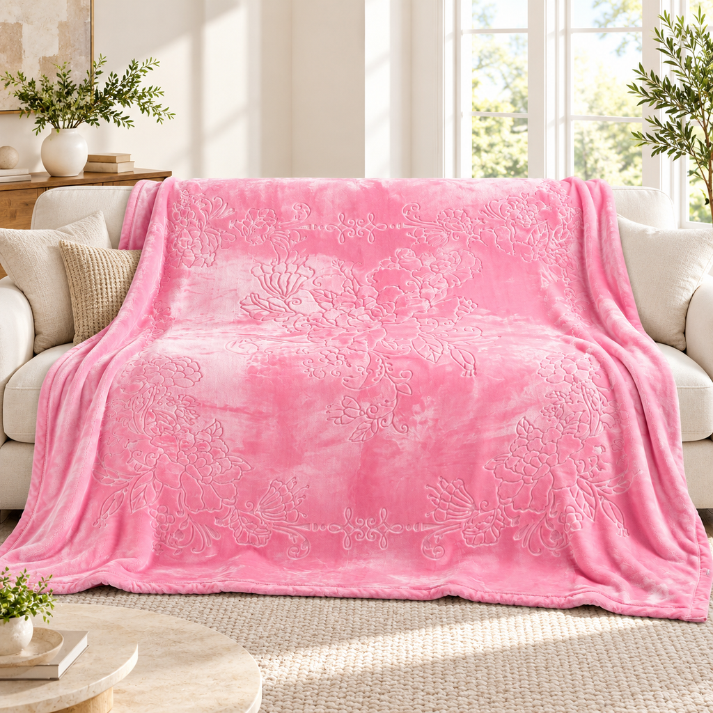 Pink King Size Plush Blanket, Super Soft 10 lb Embossed Floral Blanket