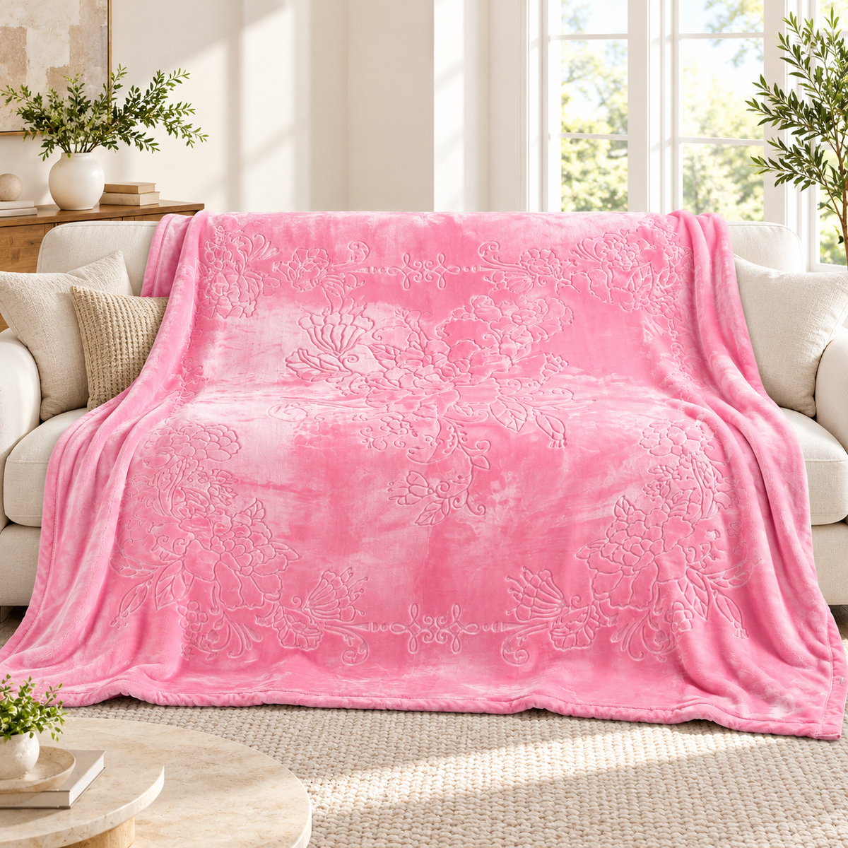 Pink King Size Plush Blanket, Super Soft 10 lb Embossed Floral Blanket