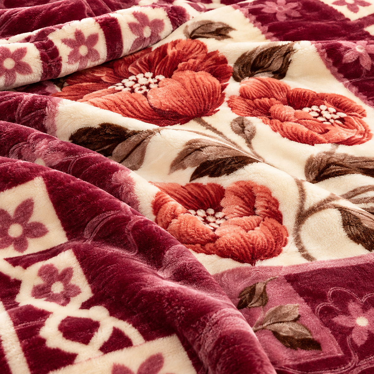 Queen Size Reversible Plush Blanket, 1 Ply Burgundy Floral Korean Mink Raschel