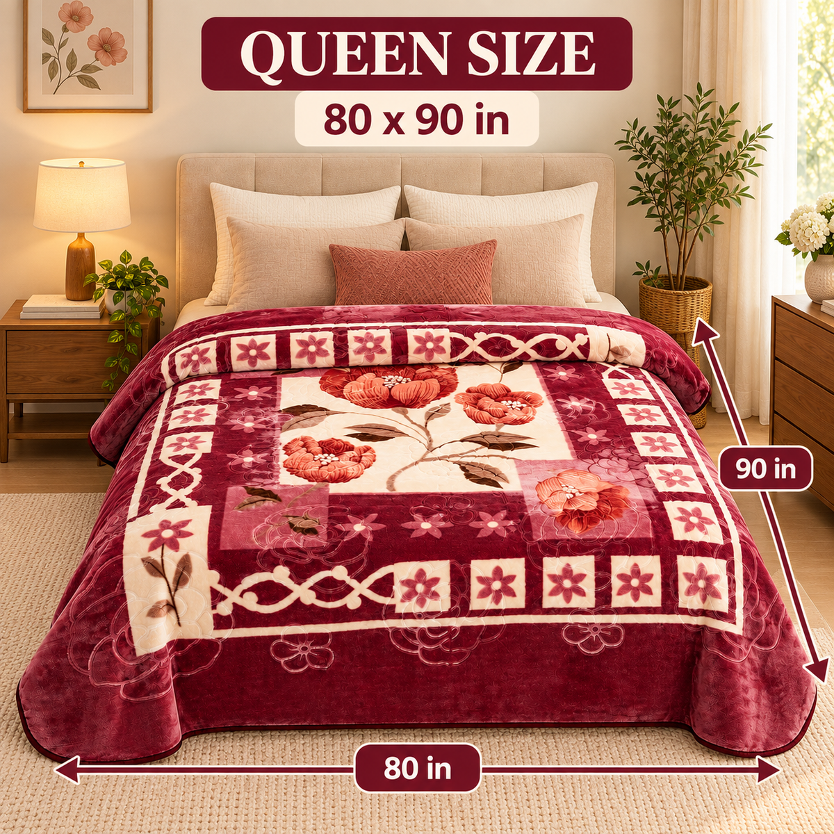 Queen Size Reversible Plush Blanket, 1 Ply Burgundy Floral Korean Mink Raschel