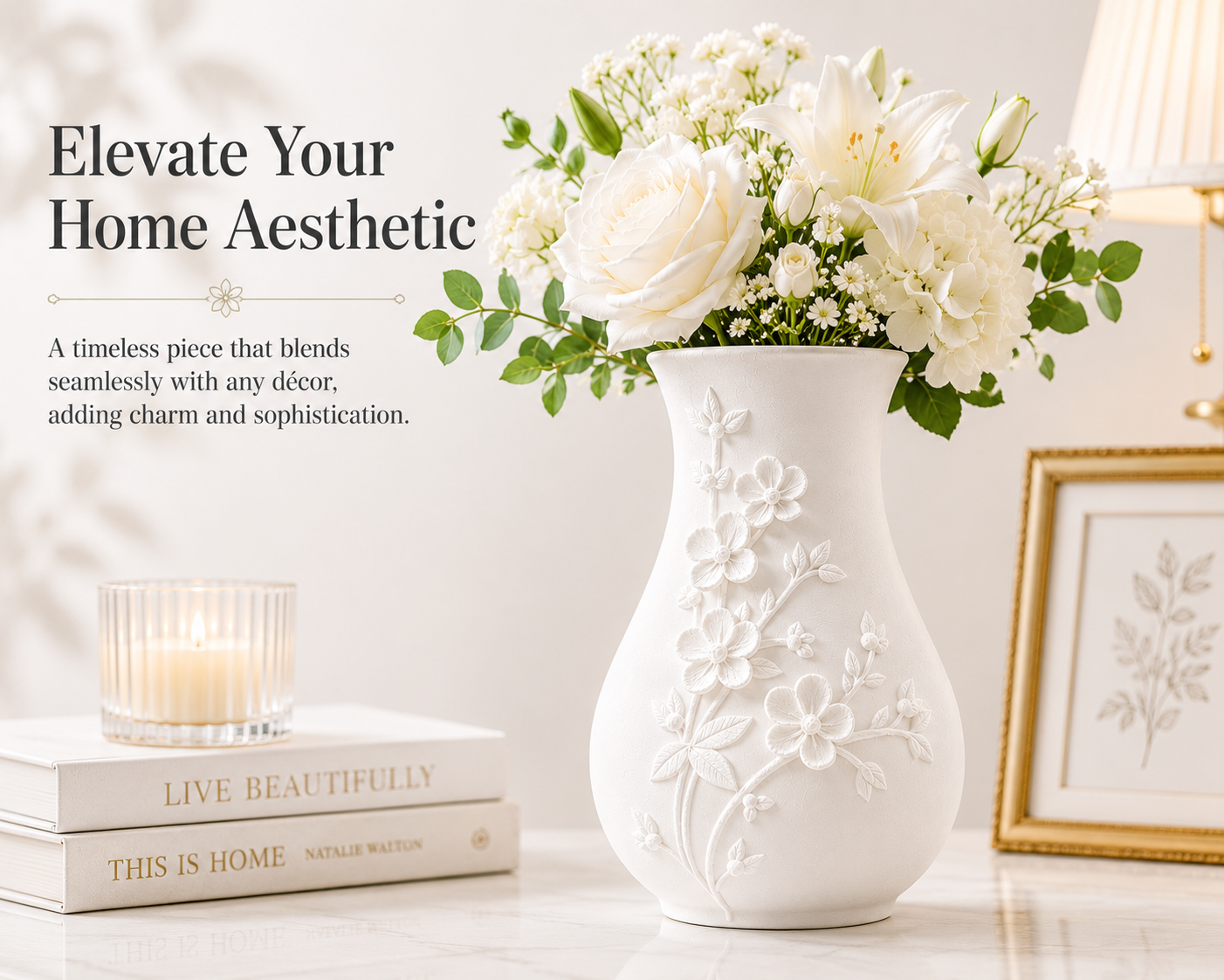 White Embossed Floral Vase, Decorative Flower Vase for Living Room and Tabletop Decor