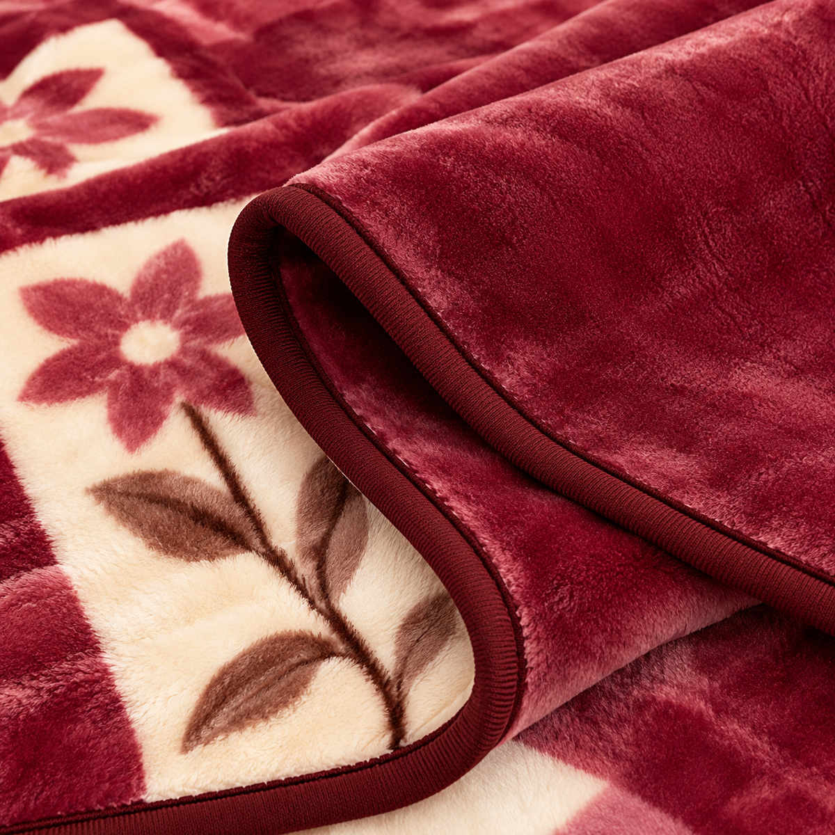 Queen Size Reversible Plush Blanket, 1 Ply Burgundy Floral Korean Mink Raschel