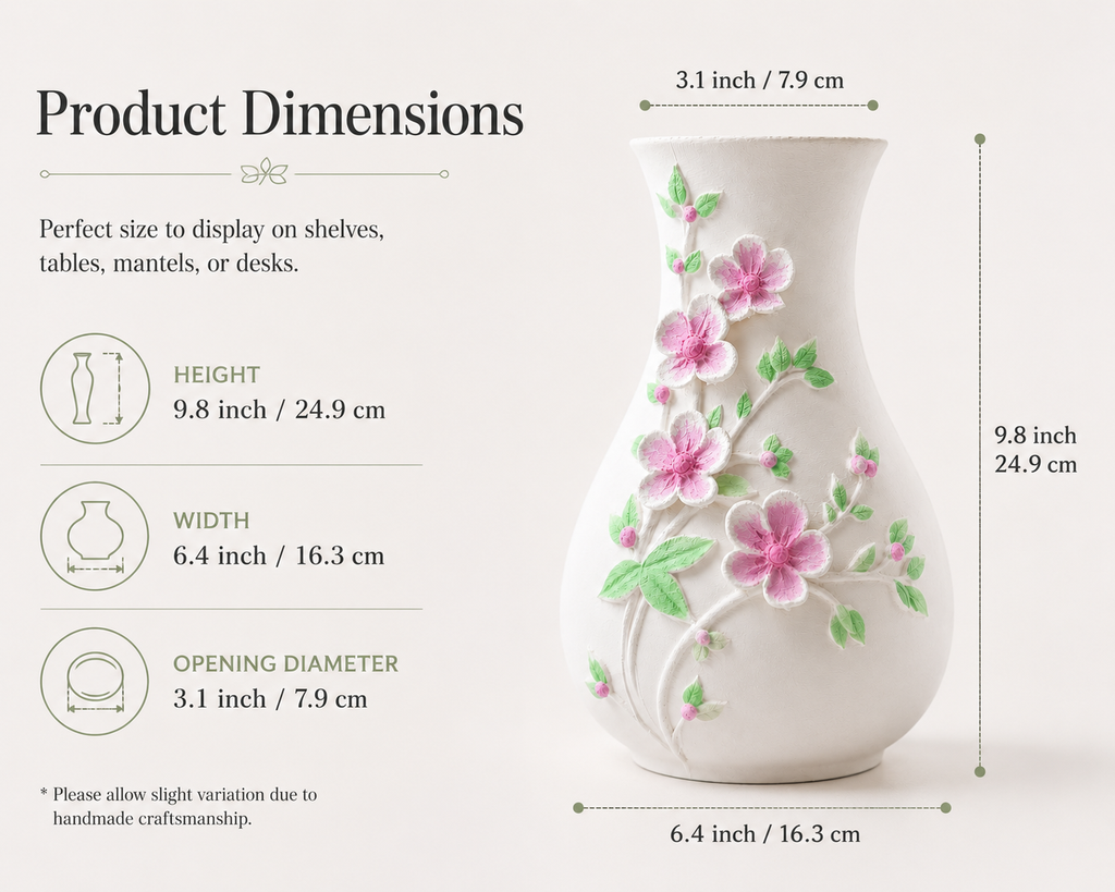 White Embossed Floral Vase, Decorative Flower Vase for Living Room and Tabletop Decor