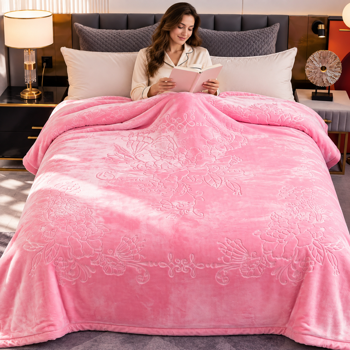 Pink King Size Plush Blanket, Super Soft 10 lb Embossed Floral Blanket